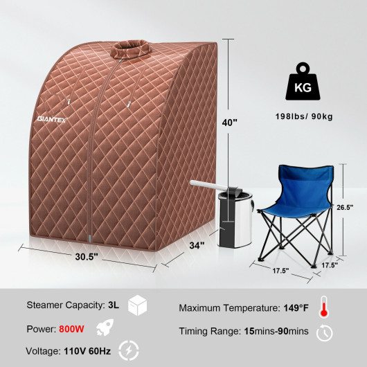 Portable Personal Steam Sauna Spa with 3L Blast-proof Steamer Chair-Coffee - Image 4