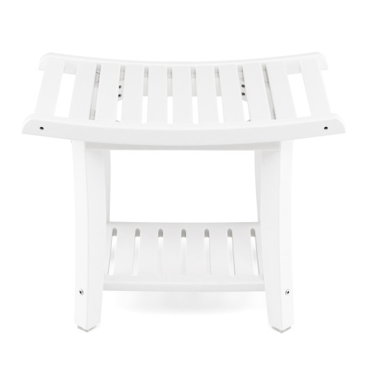 Heavy Duty Waterproof Bath Stool with Curved Seat and Storage Shelf-White