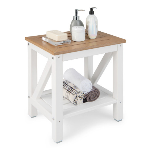 2-tier Waterproof Shower Bench with Storage Shelf-Brown - Image 2