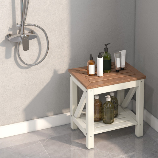 2-tier Waterproof Shower Bench with Storage Shelf-Brown - Image 4