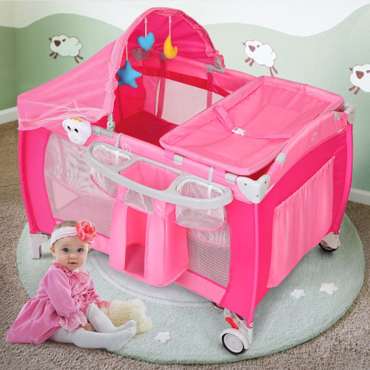 Foldable Baby Crib Playpen with Mosquito Net and Bag-Pink - Image 2