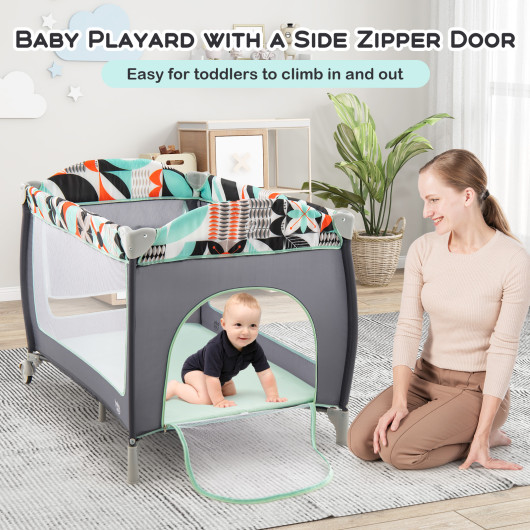 3-in-1 Portable Baby Playard with Zippered Door and Toy Bar-Blue - Image 6