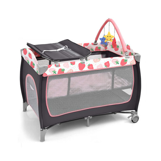 3-in-1 Portable Baby Playard with Zippered Door and Toy Bar-Red - Image 2