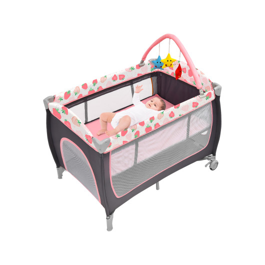 3-in-1 Portable Baby Playard with Zippered Door and Toy Bar-Red - Image 3