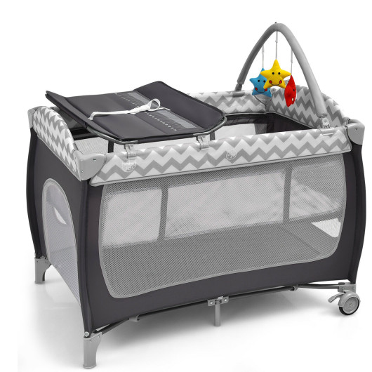3-in-1 Portable Baby Playard with Zippered Door and Toy Bar-Gray - Image 2