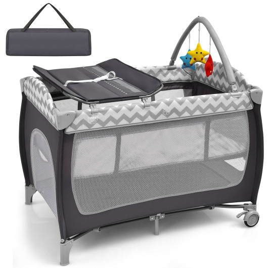 3-in-1 Portable Baby Playard with Zippered Door and Toy Bar-Gray - Image 6