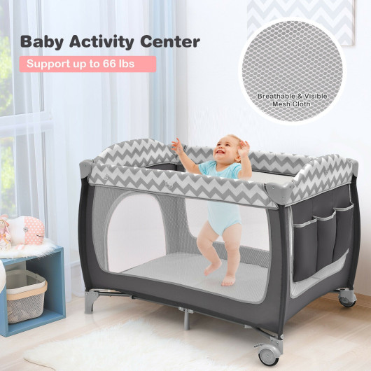 3-in-1 Portable Baby Playard with Zippered Door and Toy Bar-Gray - Image 5