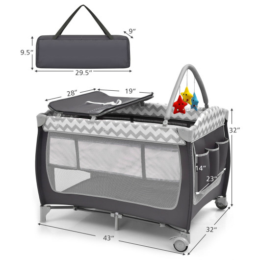 3-in-1 Portable Baby Playard with Zippered Door and Toy Bar-Gray - Image 4