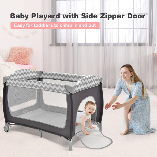 3-in-1 Portable Baby Playard with Zippered Door and Toy Bar-Gray - Image 3
