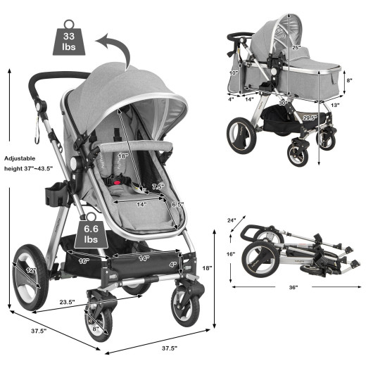 Folding Aluminum Baby Stroller Baby Jogger with Diaper Bag-Gray - Image 6