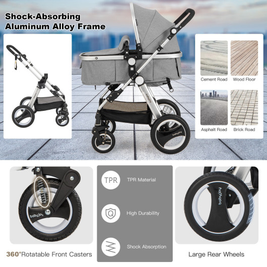 Folding Aluminum Baby Stroller Baby Jogger with Diaper Bag-Gray - Image 4