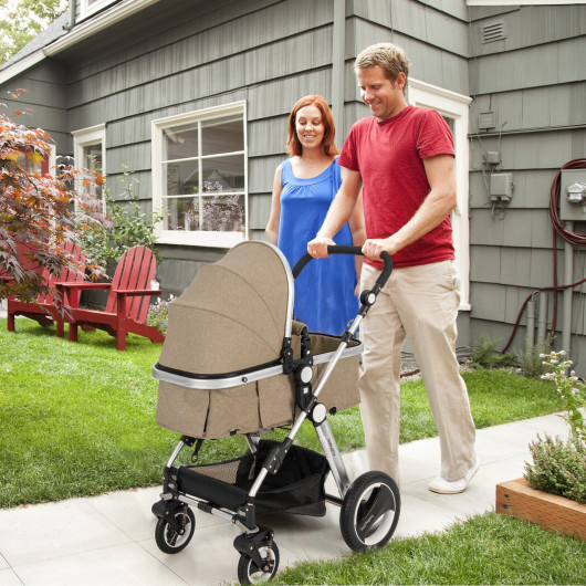 Folding Aluminum Baby Stroller Baby Jogger with Diaper Bag-Beige - Image 3