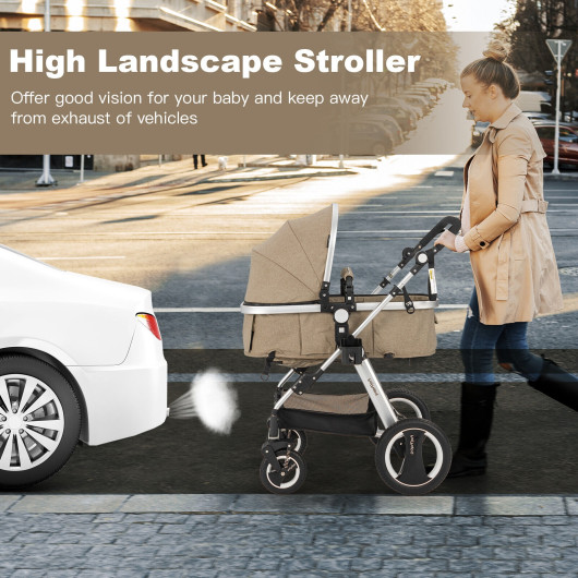 Folding Aluminum Baby Stroller Baby Jogger with Diaper Bag-Beige - Image 4
