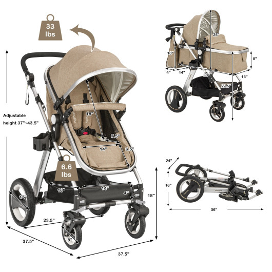 Folding Aluminum Baby Stroller Baby Jogger with Diaper Bag-Beige - Image 6