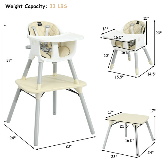 4-in-1 Baby Convertible Toddler Table Chair Set with PU Cushion-Beige - Image 3