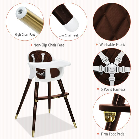 3-In-1 Adjustable Baby High Chair with Soft Seat Cushion for Toddlers-Brown - Image 5