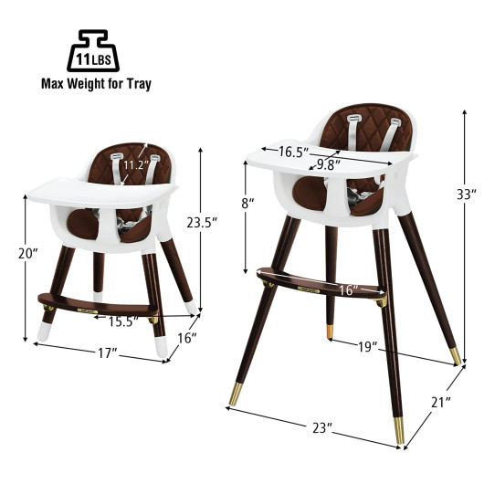3-In-1 Adjustable Baby High Chair with Soft Seat Cushion for Toddlers-Brown - Image 3