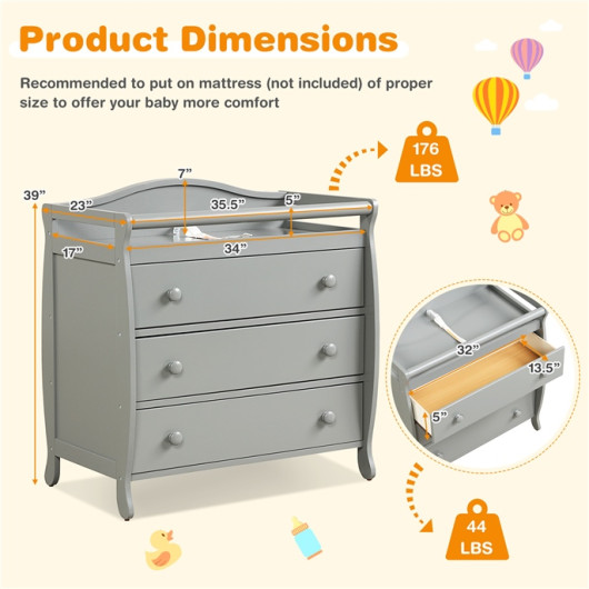 Baby Changing Table Infant Diaper with 3 Drawers and Safety Belt-Gray - Image 4