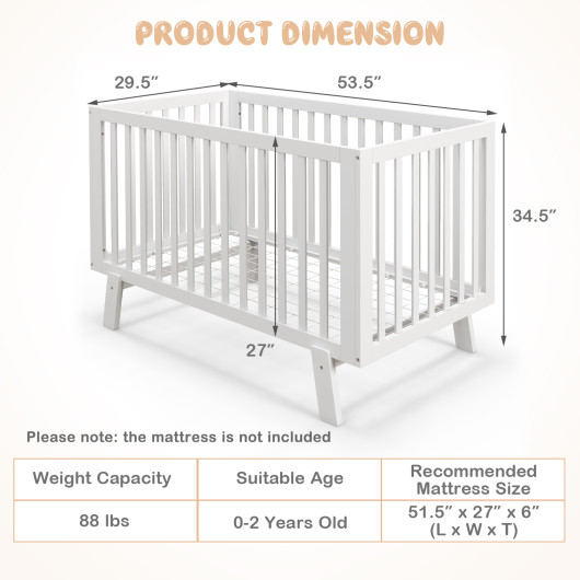 Rubber Wood Baby Crib with Adjustable Mattress Heights and Guardrails-White - Image 4