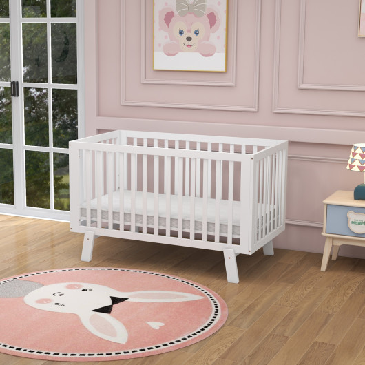 Rubber Wood Baby Crib with Adjustable Mattress Heights and Guardrails-White - Image 5