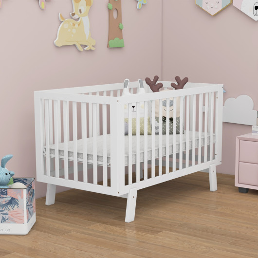 Rubber Wood Baby Crib with Adjustable Mattress Heights and Guardrails-White - Image 6