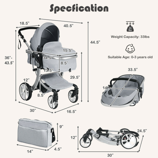 Folding Aluminum Infant Reversible Stroller with Diaper Bag-Gray - Image 3