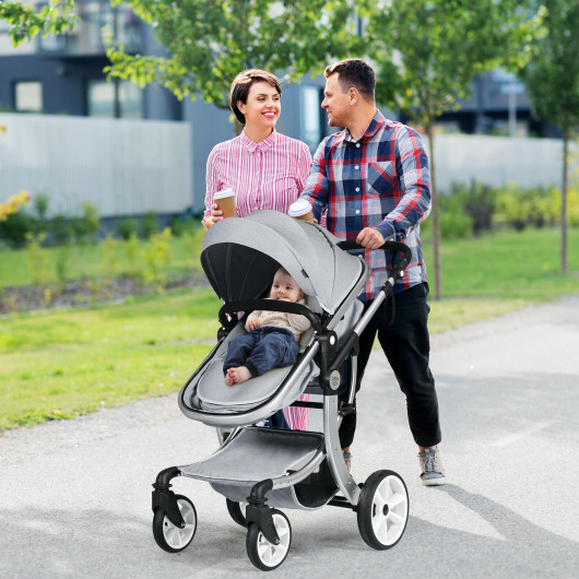Folding Aluminum Infant Reversible Stroller with Diaper Bag-Gray - Image 4