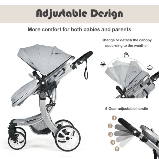 Folding Aluminum Infant Reversible Stroller with Diaper Bag-Gray - Image 6