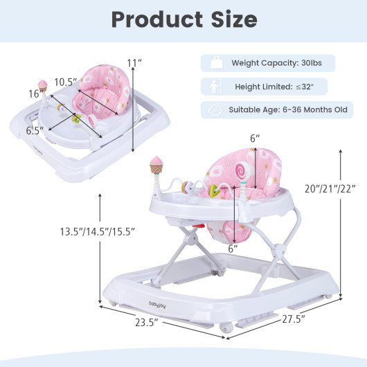 Foldable Baby Activity Walker with Adjustable Height and Detachable Seat Cushion-Pink - Image 4