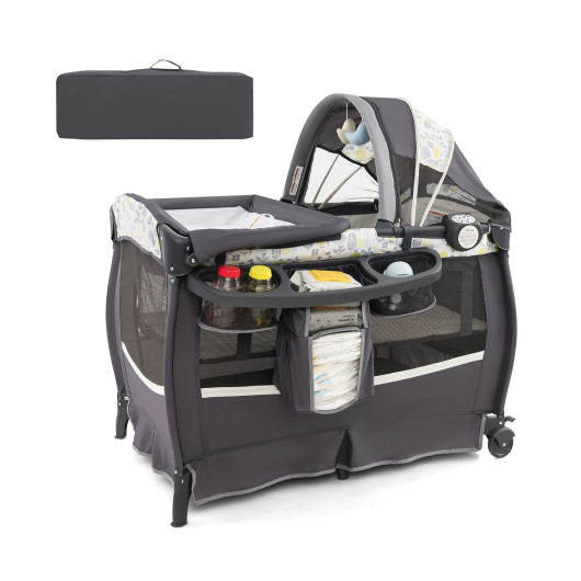 4 in 1 Portable Pack and Play Baby Nursery Center with Bassinet-Yellow - Image 2