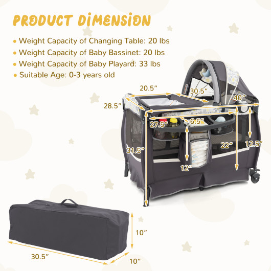 4 in 1 Portable Pack and Play Baby Nursery Center with Bassinet-Yellow - Image 4
