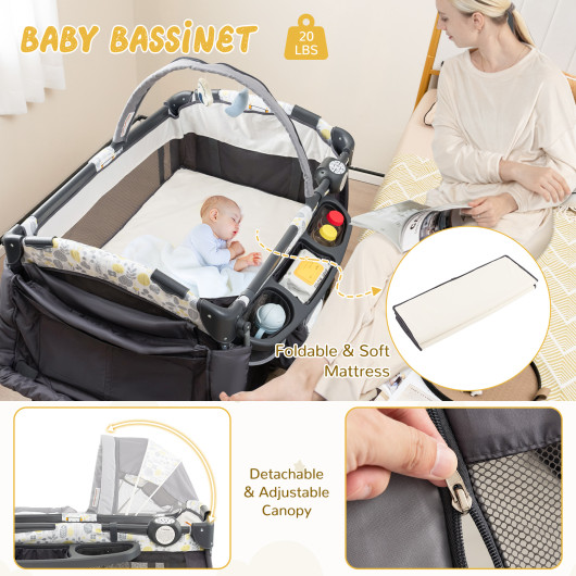 4 in 1 Portable Pack and Play Baby Nursery Center with Bassinet-Yellow - Image 6