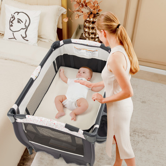4 in 1 Portable Pack and Play Baby Nursery Center with Bassinet-Heart Pink - Image 3