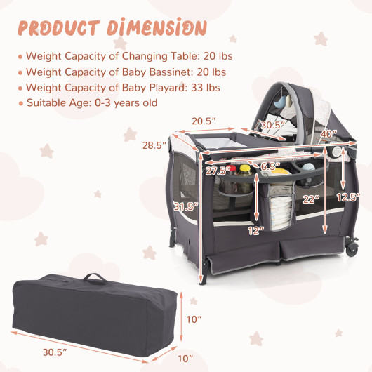 4 in 1 Portable Pack and Play Baby Nursery Center with Bassinet-Heart Pink - Image 5