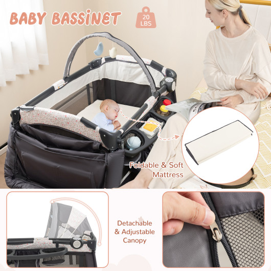4 in 1 Portable Pack and Play Baby Nursery Center with Bassinet-Heart Pink - Image 6