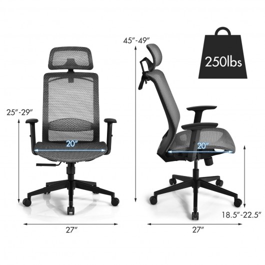 Height Adjustable Ergonomic High Back Mesh Office Chair with Hange-Gray - Image 4