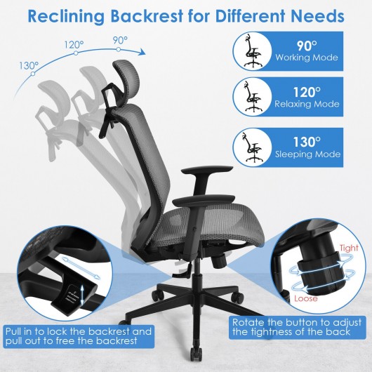 Height Adjustable Ergonomic High Back Mesh Office Chair with Hange-Gray - Image 2