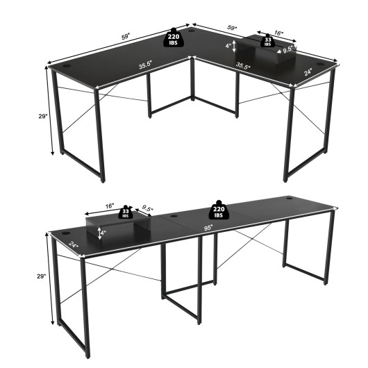 95 Inch 2-Person L-Shaped Long Reversible Computer Desk with Monitor Stand-Black - Image 6