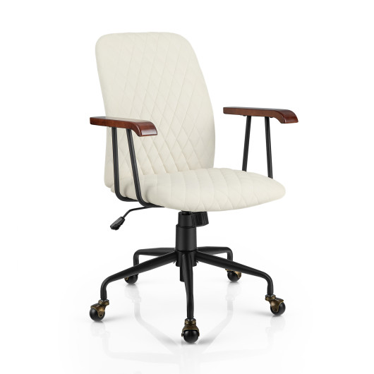 Velvet Home Office Chair with Wooden Armrest-Beige - Image 3