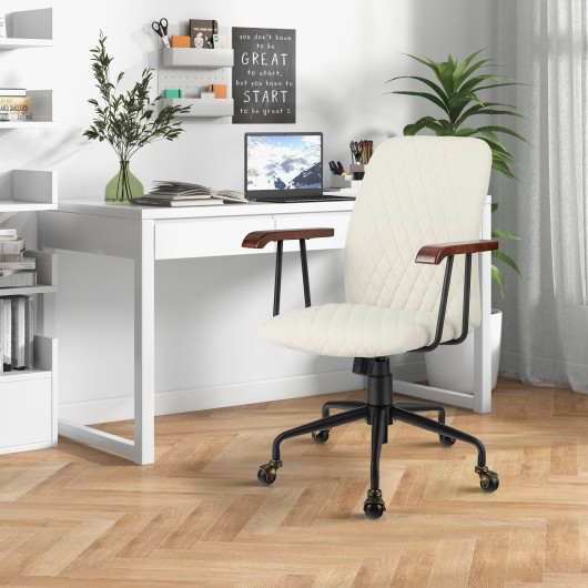 Velvet Home Office Chair with Wooden Armrest-Beige - Image 4