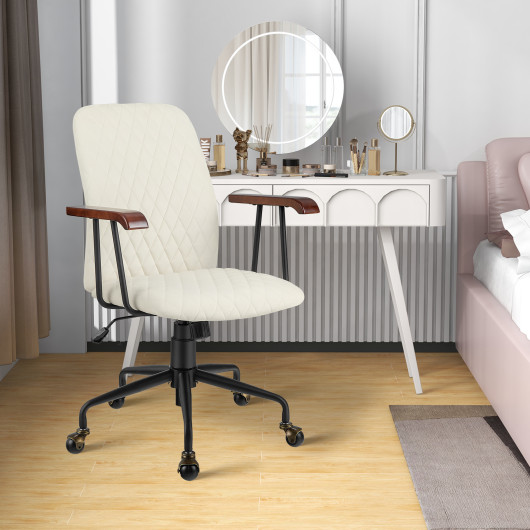 Velvet Home Office Chair with Wooden Armrest-Beige - Image 5