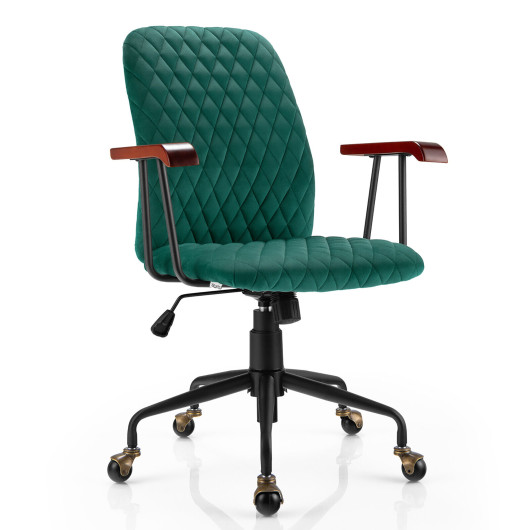 Velvet Home Office Chair with Wooden Armrest Green - Image 2