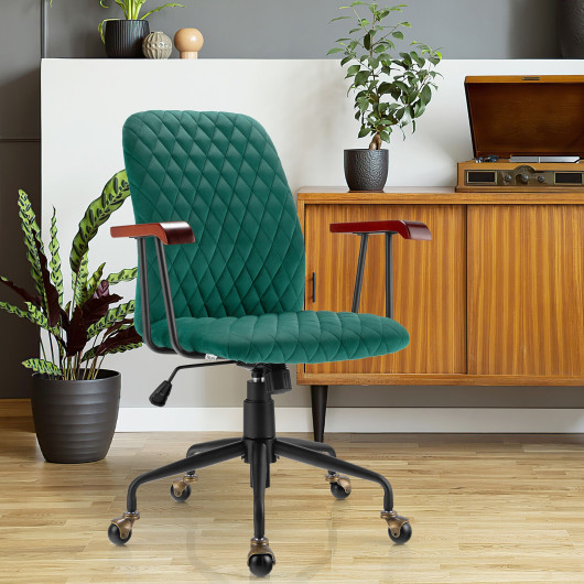 Velvet Home Office Chair with Wooden Armrest Green - Image 3