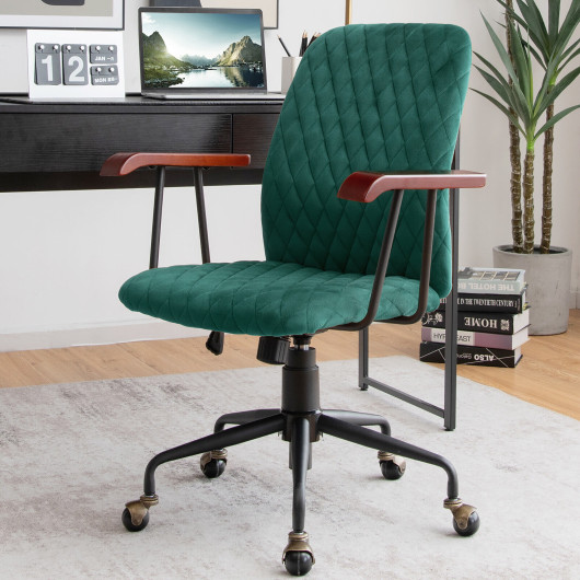 Velvet Home Office Chair with Wooden Armrest Green - Image 4