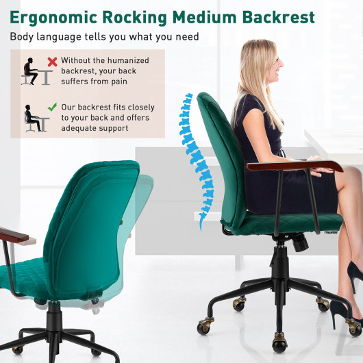 Velvet Home Office Chair with Wooden Armrest Green - Image 5