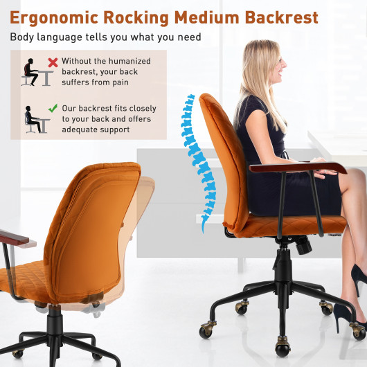 Velvet Home Office Chair with Wooden Armrest Orange - Image 3