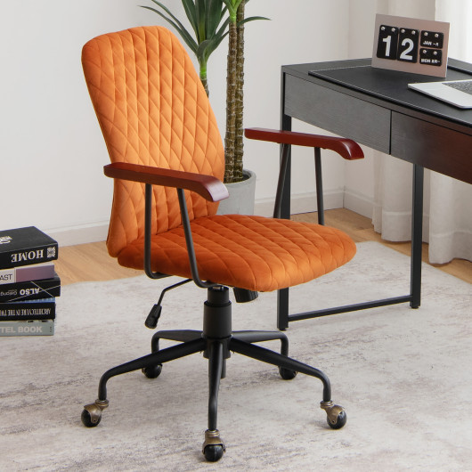 Velvet Home Office Chair with Wooden Armrest Orange - Image 5