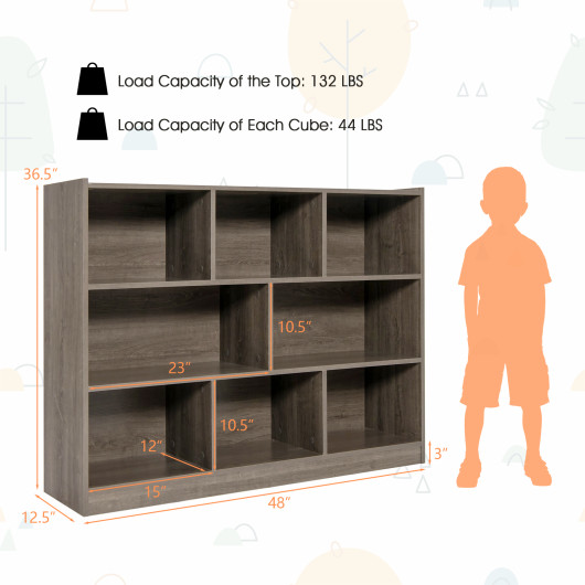 3-Tier Open Bookcase 8-Cube Floor Standing Storage Shelves Display Cabinet-Gray - Image 6
