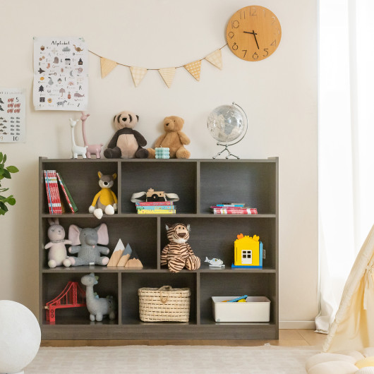 3-Tier Open Bookcase 8-Cube Floor Standing Storage Shelves Display Cabinet-Gray - Image 2