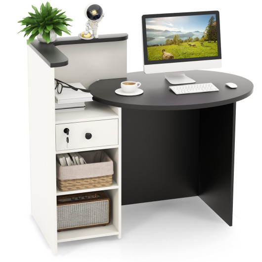Front Reception Office Desk with Open Shelf and Lockable Drawer-Black & White - Image 4